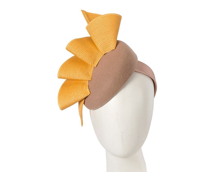 Beige & mustard winter racing pillbox fascinator by Fillies Collection