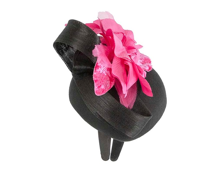 Fascinators Online - Tall black felt pillbox with fuchsia flower by Fillies Collection