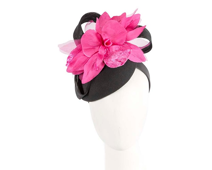 Fascinators Online - Tall black felt pillbox with fuchsia flower by Fillies Collection