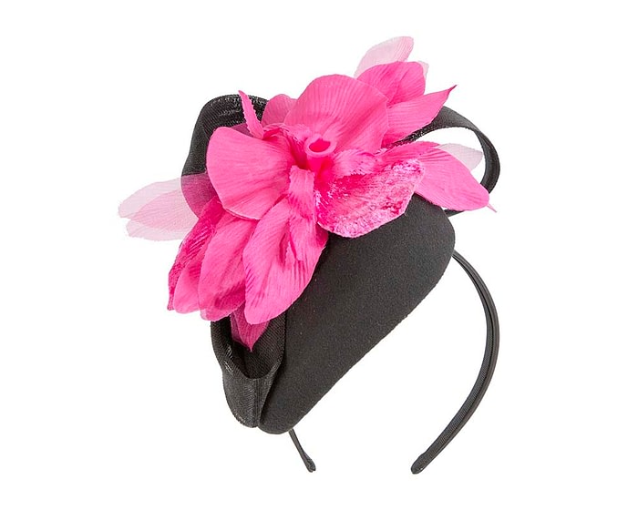 Fascinators Online - Tall black felt pillbox with fuchsia flower by Fillies Collection