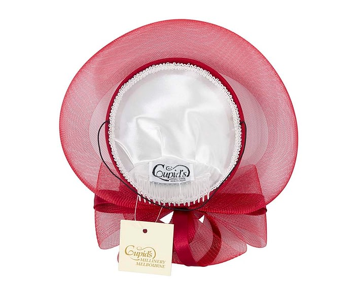 Red custom made cocktail hat by Cupids Millinery - Image 4