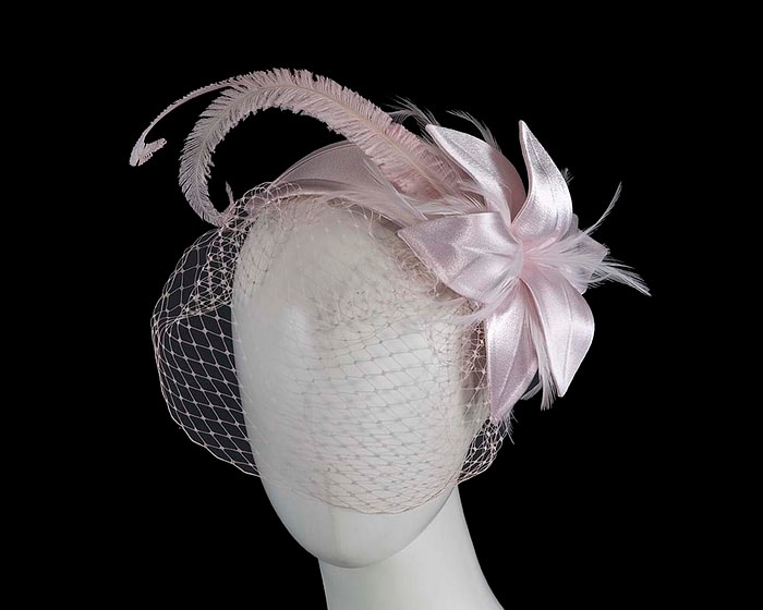 Custom made pink feather fascinator with face veil