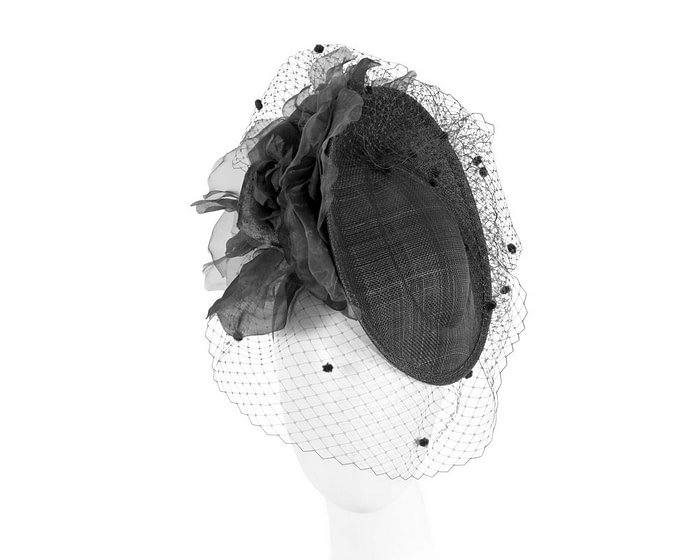 Black racing fascinator with flowers and face netting by Fillies Collection