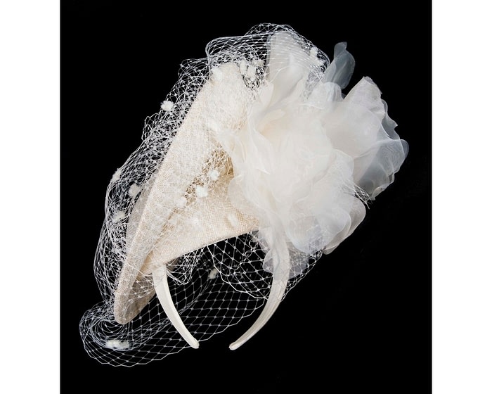 Cream racing fascinator with flowers and face netting by Fillies Collection - Image 4