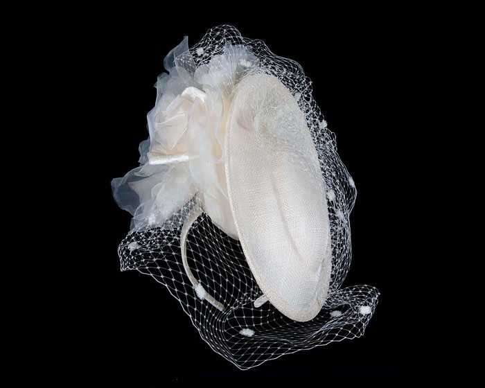 Cream racing fascinator with flowers and face netting by Fillies Collection - Image 2