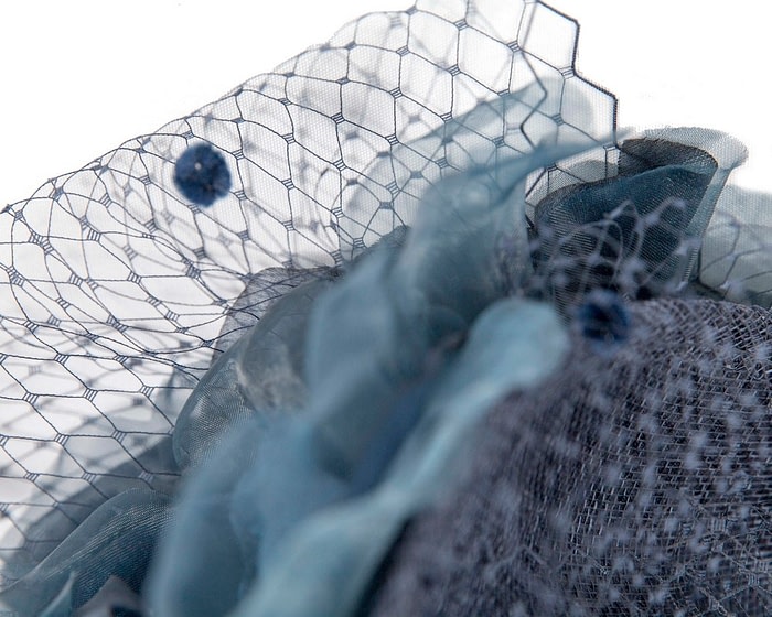 Navy racing fascinator with flowers and face netting by Fillies Collection - Image 3