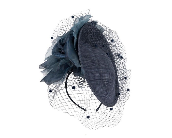 Navy racing fascinator with flowers and face netting by Fillies Collection - Image 2
