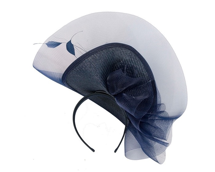Tall navy fascinator with feathers by Fillies Collection - Image 4