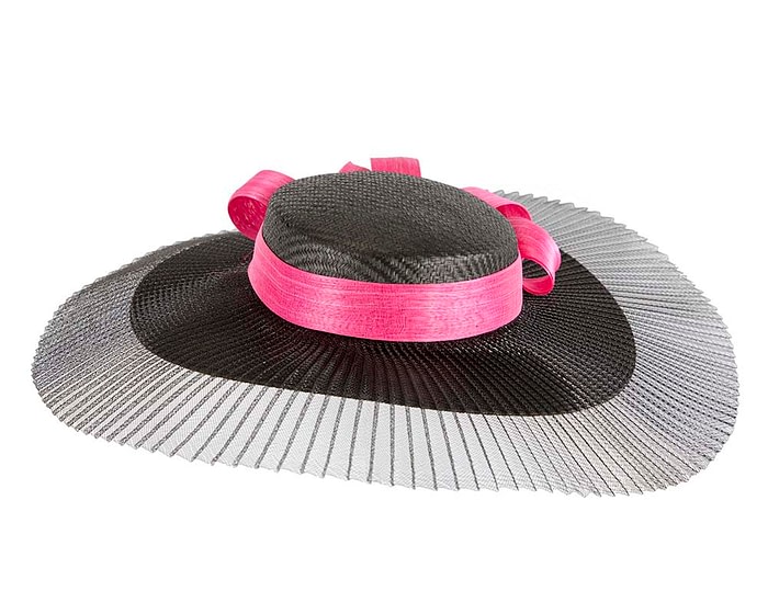 Black & fuchsia wide brim boater hat by Fillies Collection - Image 4