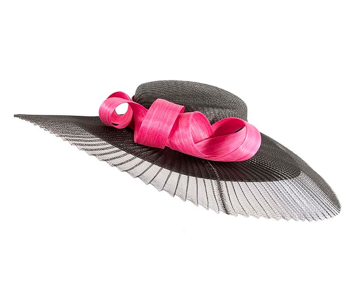Black & fuchsia wide brim boater hat by Fillies Collection - Image 3