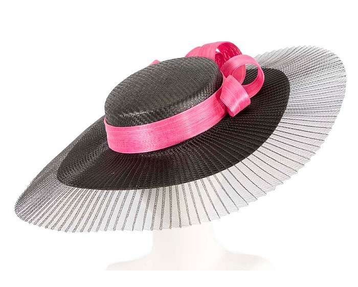 Black & fuchsia wide brim boater hat by Fillies Collection