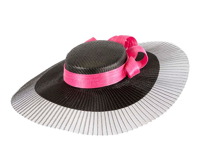 Black & fuchsia wide brim boater hat by Fillies Collection - Image 2