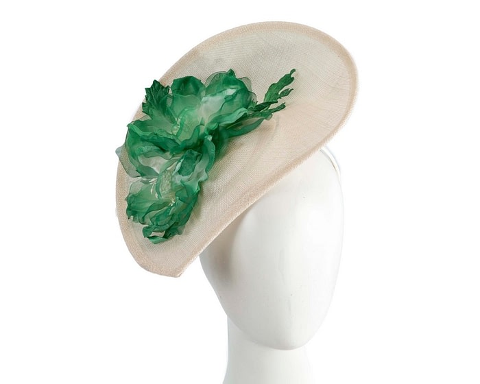 Fascinators Online - Bespoke cream & green sinamay fascinator with flower by Max Alexander