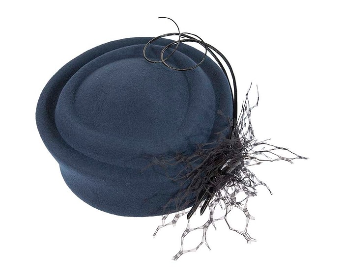 Fascinators Online - Navy felt beret hat with feather by Fillies Collection