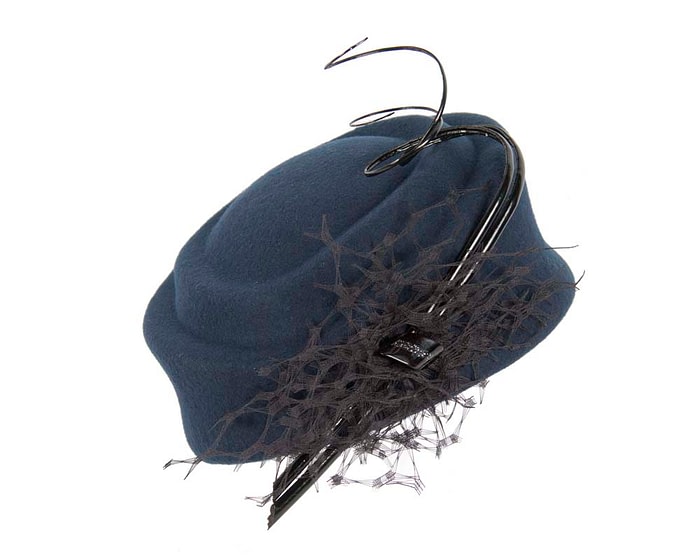 Navy felt beret hat with feather by Fillies Collection - Image 2