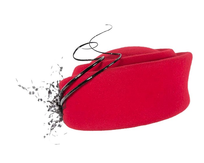 Fascinators Online - Red felt beret hat with feather by Fillies Collection