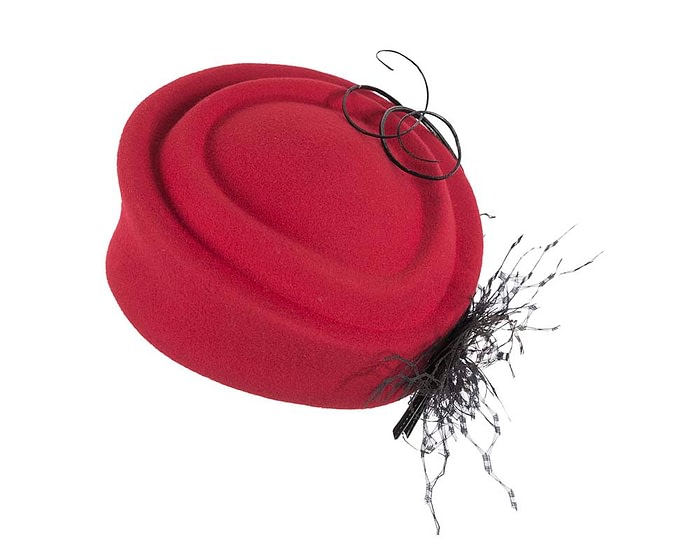 Fascinators Online - Red felt beret hat with feather by Fillies Collection