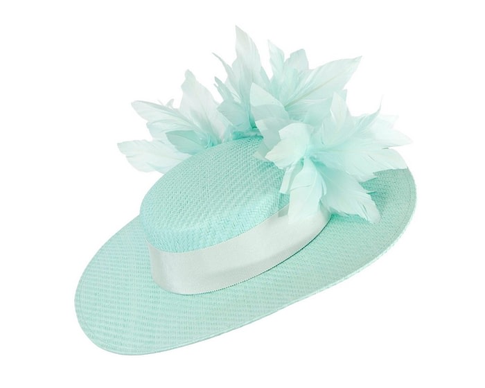 Fascinators Online - Aqua boater hat with feathers by Max Alexander