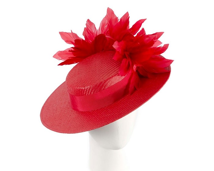 Fascinators Online - Red boater hat with feathers by Max Alexander