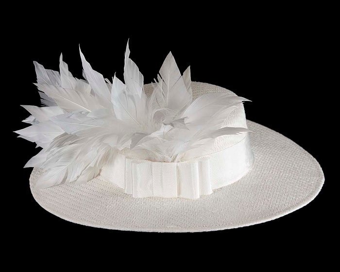 Fascinators Online - White boater hat with feathers by Max Alexander