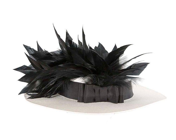 White & black boater hat with feathers by Max Alexander - Image 6