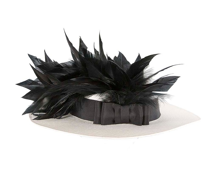 Fascinators Online - White & black boater hat with feathers by Max Alexander