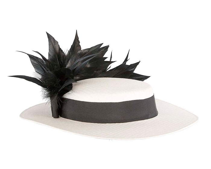 White & black boater hat with feathers by Max Alexander - Image 4