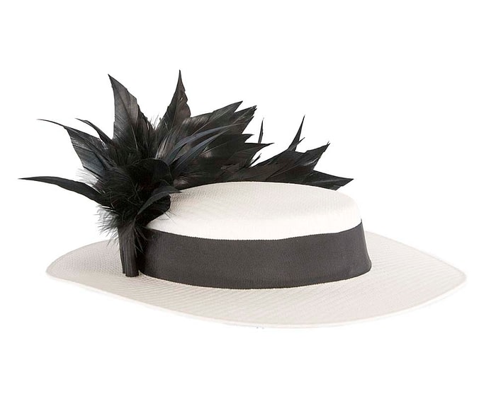 Fascinators Online - White & black boater hat with feathers by Max Alexander