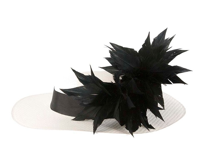 White & black boater hat with feathers by Max Alexander - Image 3