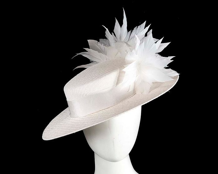 Fascinators Online - White boater hat with feathers by Max Alexander