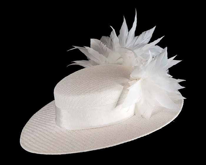 Fascinators Online - White boater hat with feathers by Max Alexander