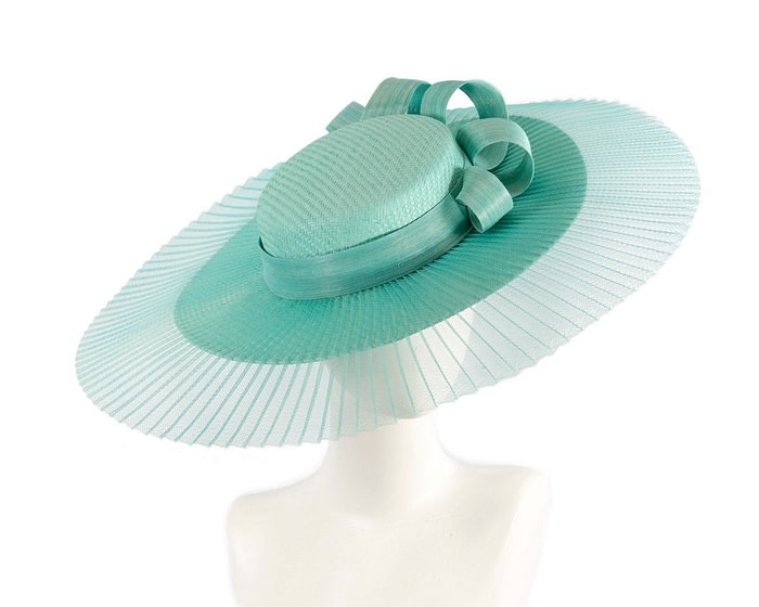 Aqua wide brim boater hat by Fillies Collection