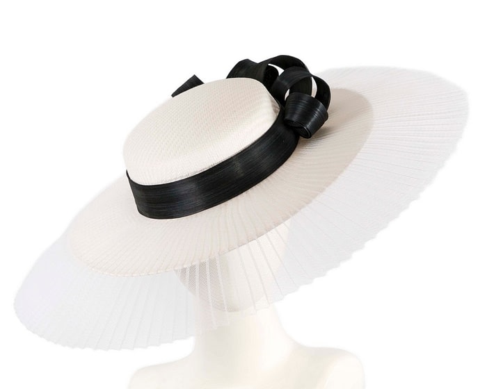 White & black wide brim boater hat by Fillies Collection