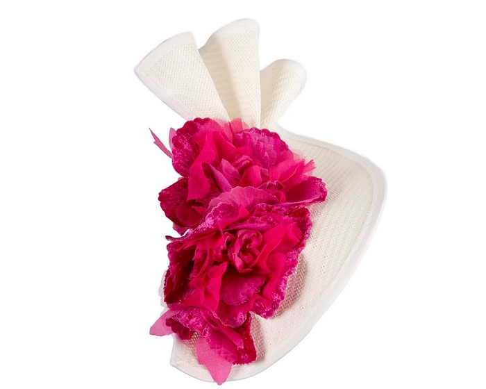 Bespoke large white and fuchsia flower fascinator by Fillies Collection - Image 4