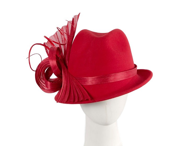 Bespoke red felt fedora by Fillies Collection