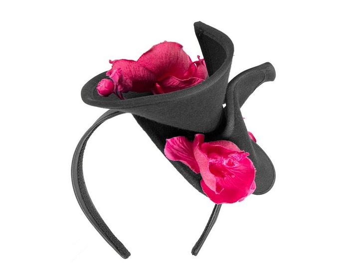 Fascinators Online - Bespoke black & fuchsia felt winter fascinator by Fillies Collection