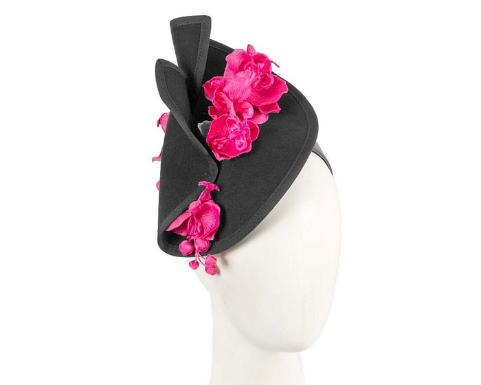 Bespoke black & fuchsia felt winter fascinator by Fillies Collection