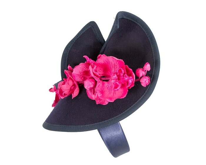 Bespoke navy & fuchsia felt winter fascinator by Fillies Collection - Image 3