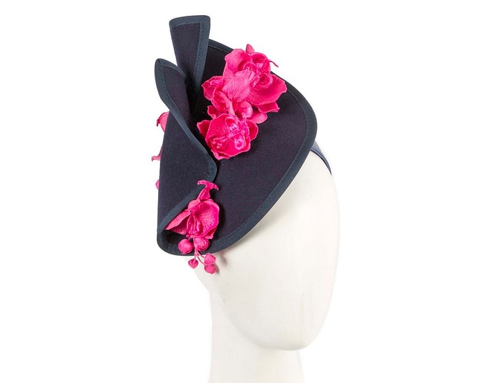 Bespoke navy & fuchsia felt winter fascinator by Fillies Collection