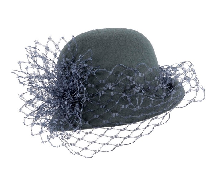 Fascinators Online - Blue grey cloche hat with face veil by Fillies Collection