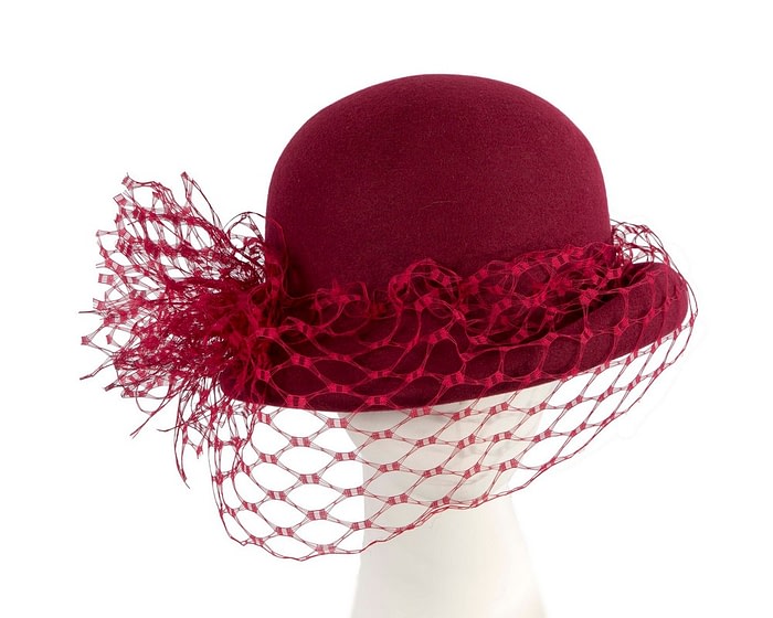 Burgundy cloche hat with face veil by Fillies Collection