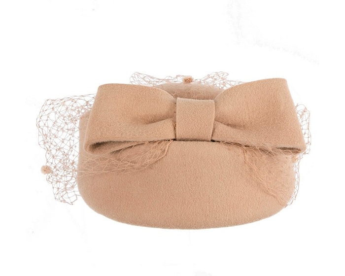 Fascinators Online - Large beige felt beret hat with veil