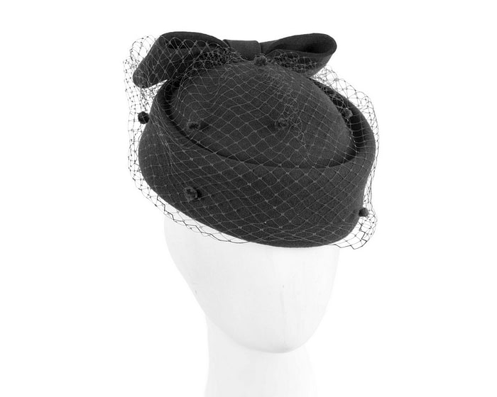 Large black felt beret hat with veil
