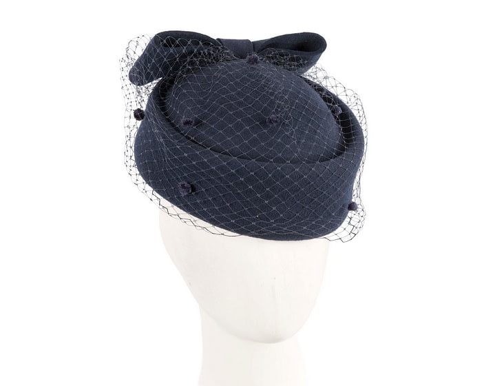 Large navy felt beret hat with veil