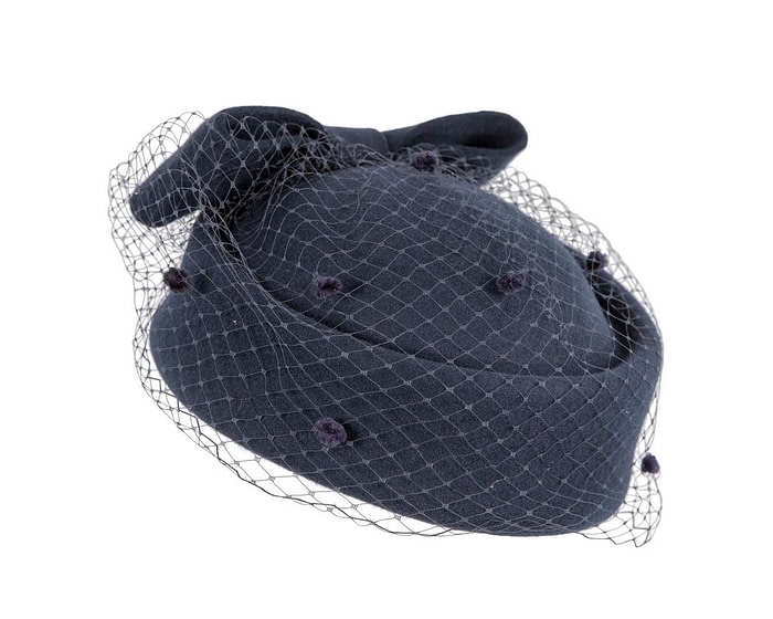 Large navy felt beret hat with veil - Image 2