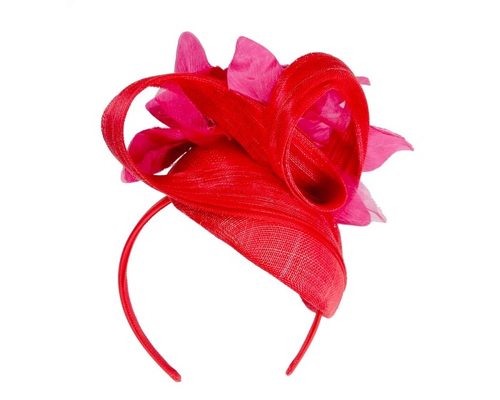 Tall red pillbox fascinator with fuchsia flower by Fillies Collection - Image 6