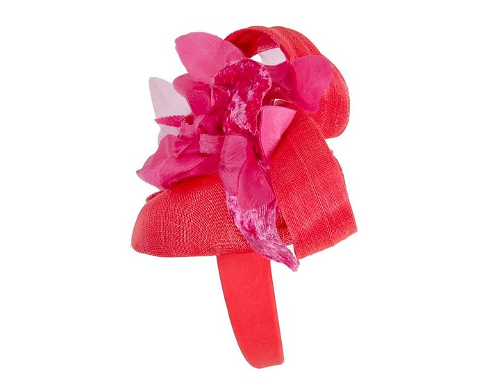 Tall red pillbox fascinator with fuchsia flower by Fillies Collection - Image 3