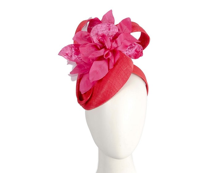 Tall red pillbox fascinator with fuchsia flower by Fillies Collection