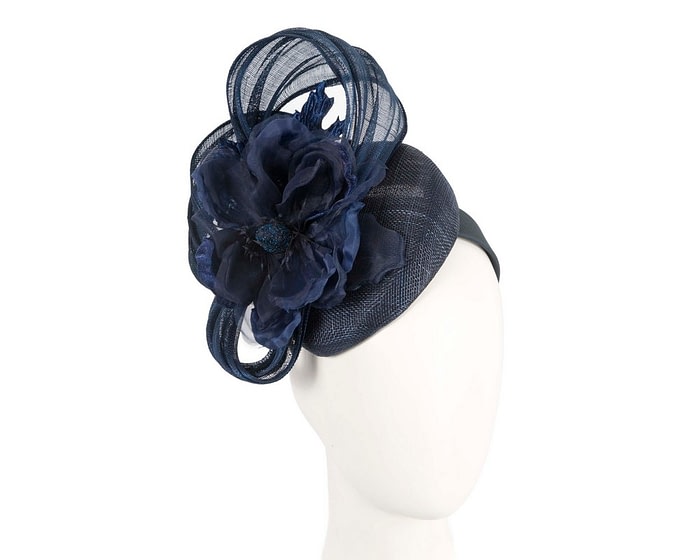 Navy pillbox fascinator with large flower by Fillies Collection
