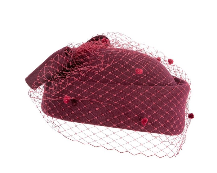 Large burgundy felt beret hat with veil - Image 3